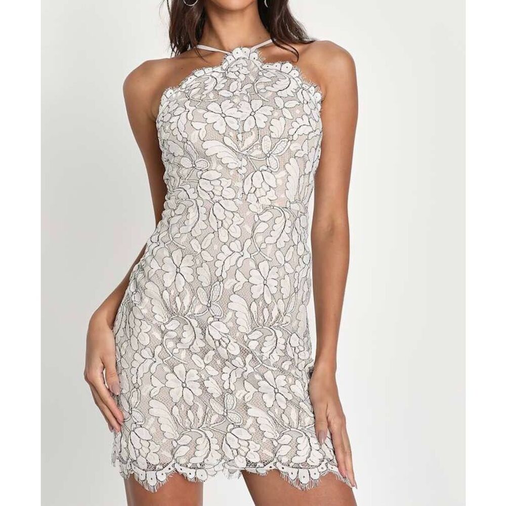 Lulu’s Dress Women’s Medium Delicate Darling Beige & Ivory Lace Bodycon Mini